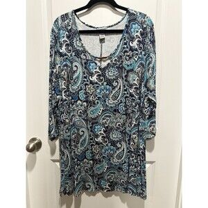 Catherine’s Blue Paisley 2X Dress Long Sleeve Women’s Plus White Teal
